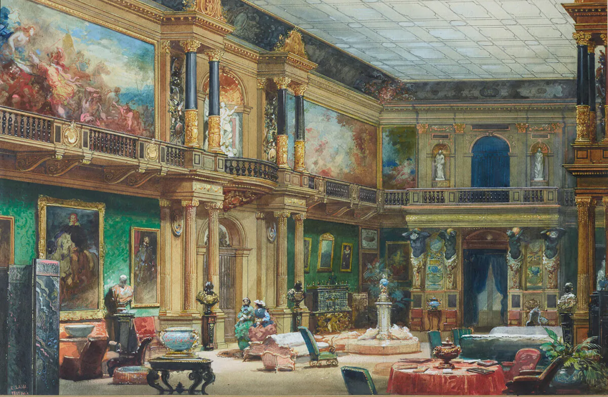 "The Great Hall at the Château de Ferrières," 19th century, by Eugène Lami. Watercolor. (Christie’s Images Limited 2023)