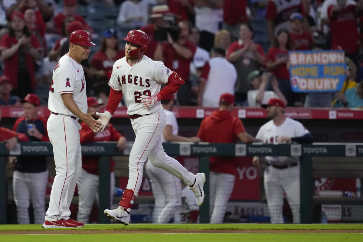 Los Angeles Angels' Brandon Drury (23) runs the bases after hitting a home run during the first inning of a baseball game against the Texas Rangers in Anaheim, Calif., on Sept. 26, 2023. (Ashley Landis/AP Photo)