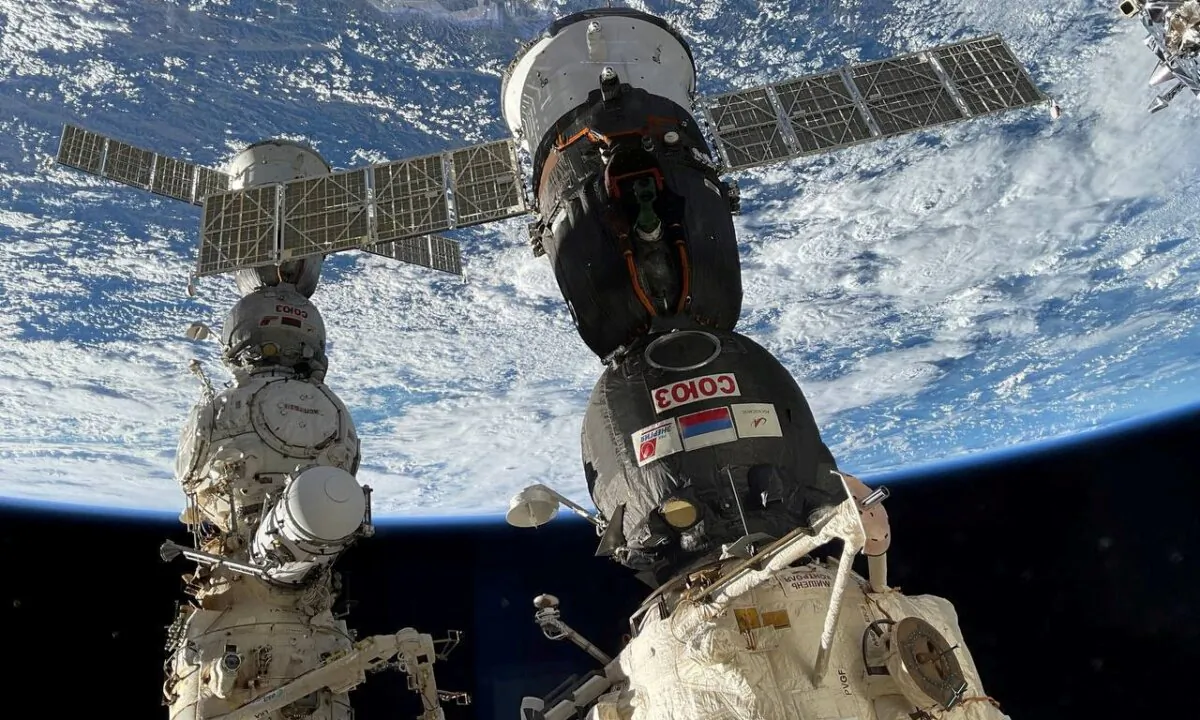 The Soyuz MS-23 spacecraft (L) carrying Roscosmos cosmonauts Sergey Prokopyev, Dmitry Petelin and NASA astronaut Frank Rubio, who get prepared to leave the International Space Station and head for a parachute-assisted landing on the steppe of Kazakhstan, on Sept. 27, 2023. (Konstantin Borisov/Roscosmos/Handout via Reuters)