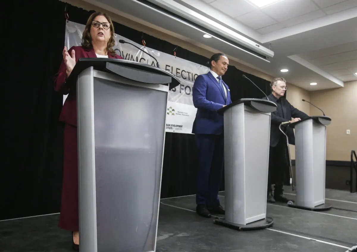 (L-R) Party leaders Heather Stefanson (PC), Wab Kinew (NDP), and Dougald Lamont (Liberal) speak at the Party Leaders Forum in Winnipeg on Sept. 12, 2023. (The Canadian Press/John Woods)