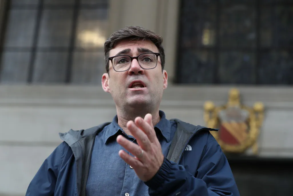 Greater Manchester mayor Andy Burnham speaks to the media outside the Central Library in Manchester on October 15, 2020. (Photo by Martin Rickett-Pool/Getty Images)