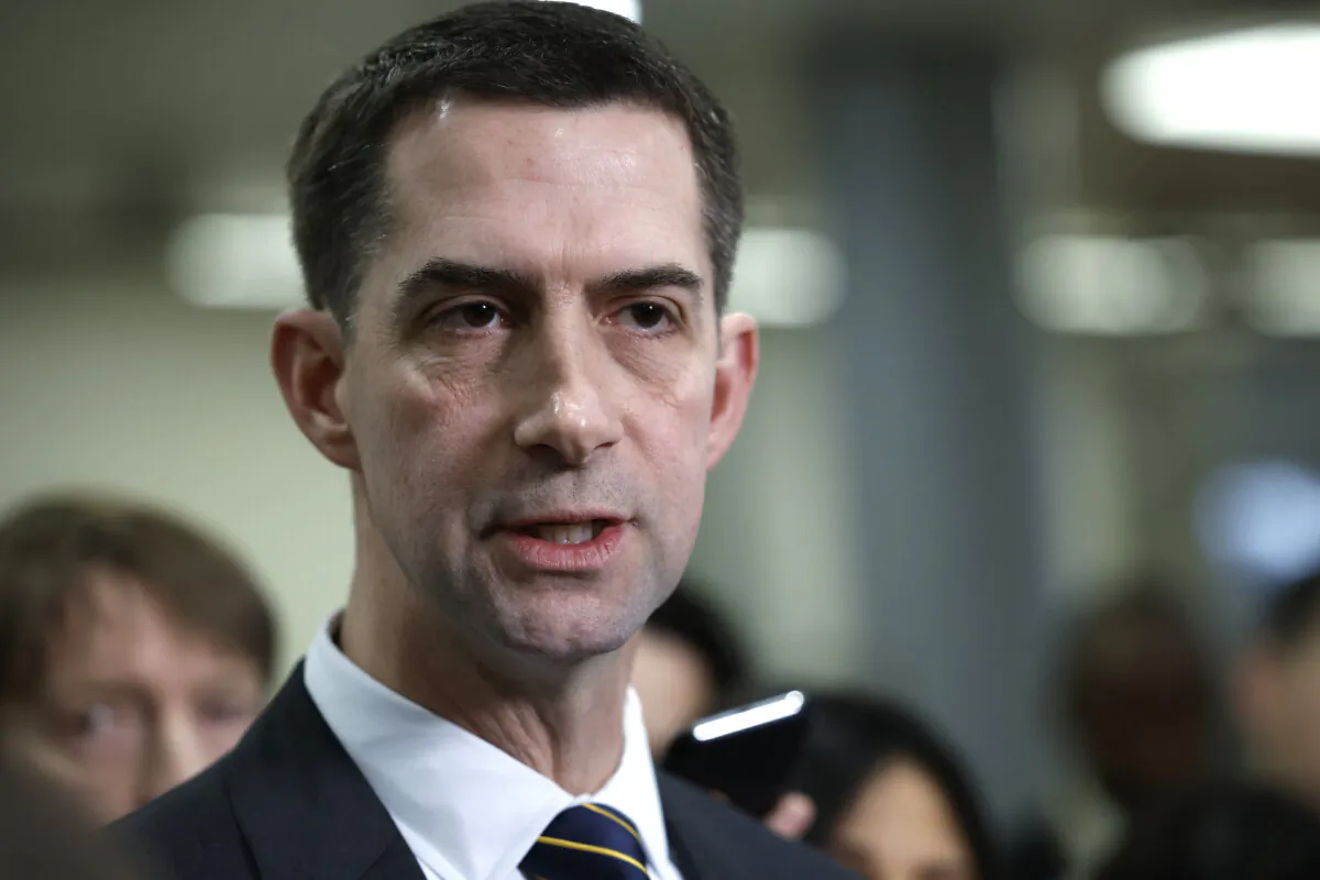 Sen. Tom Cotton (R-Ark.) speaks with reporters after attending a closed-door, classified briefing for Senators at U.S. Capitol Building in Washington on Feb. 14, 2023. (Anna Moneymaker/Getty Images)