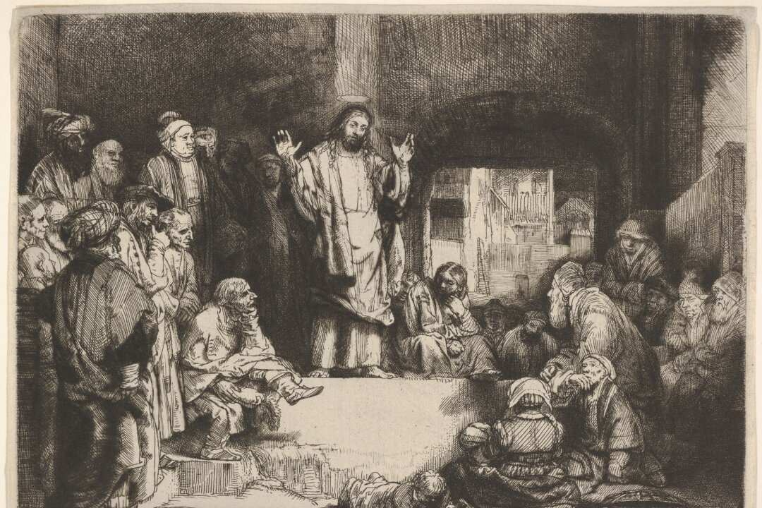 "Christ Preaching" ("La Petite Tombe"), circa 1657, by Rembrandt van Rijn. Etching, engraving, and drypoint (first of two states); 6 1/4 inches by 8 1/4 inches. The Metropolitan Museum of Art, New York. (Public Domain)