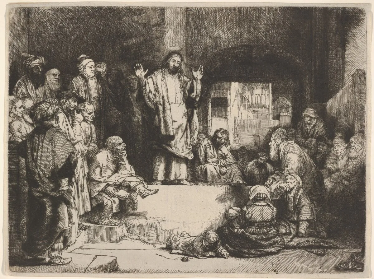 "Christ Preaching" ("La Petite Tombe"), circa 1657, by Rembrandt van Rijn. Etching, engraving, and drypoint (first of two states); 6 1/4 inches by 8 1/4 inches. The Metropolitan Museum of Art, New York. (Public Domain)