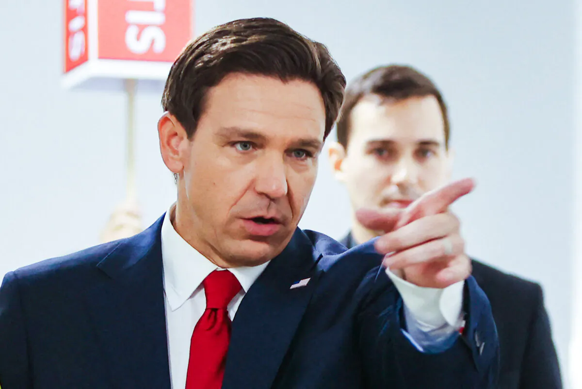 Florida Governor Ron DeSantis gestures as he speaks in the Spin Room following the first Republican Presidential primary debate at the Fiserv Forum in Milwaukee, Wisconsin, on August 23, 2023. (Photo by Alex Wroblewski / AFP) (Photo by ALEX WROBLEWSKI/AFP via Getty Images)
