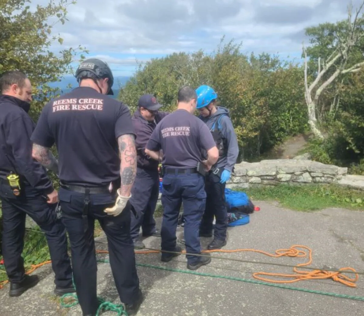 Firefighters respond to a fatal fall from a cliff on the Blue Ridge Parkway in N.C., on Sept. 23, 2023. (Courtesy of Reems Creek Fire Department)