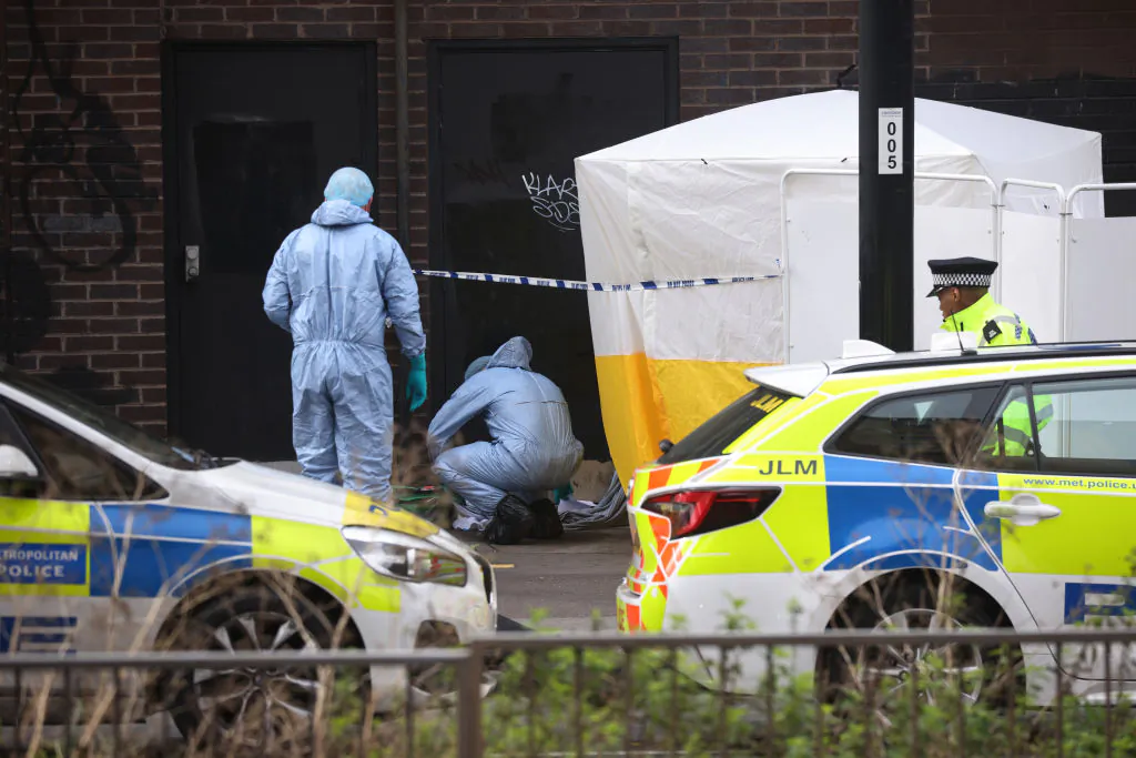 Police work at the scene of a fatal stabbing of a 15-year-old girl, behind the Whitgift Shopping Centre in Croydon, England, on September 27, 2023.  (Photo by Dan Kitwood/Getty Images)