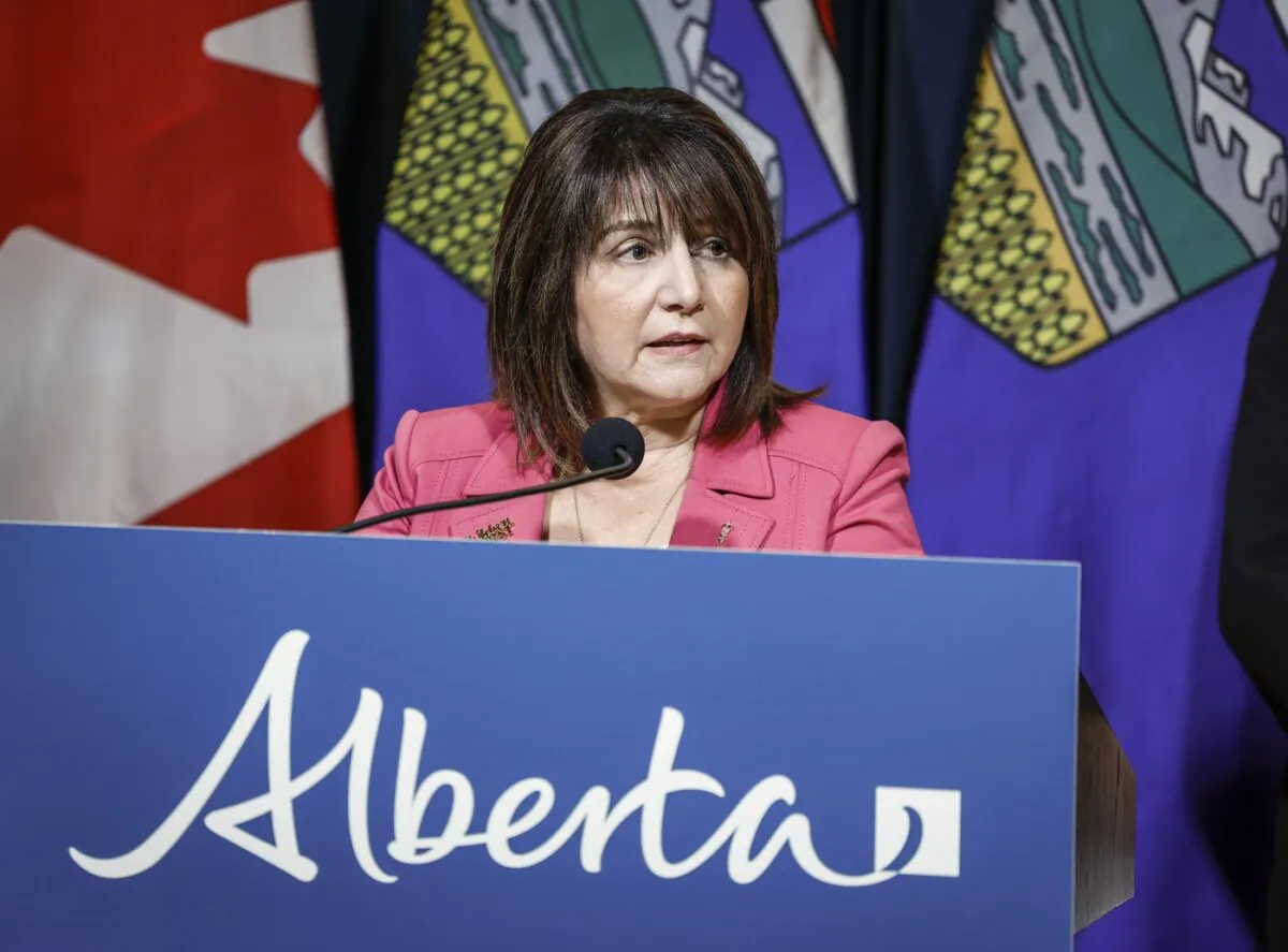 Alberta Health Minister Adriana LaGrange speaks to the media about an E. coli outbreak linked to multiple Calgary daycares in Calgary on Sept. 12, 2023. (The Canadian Press/Jeff McIntosh)