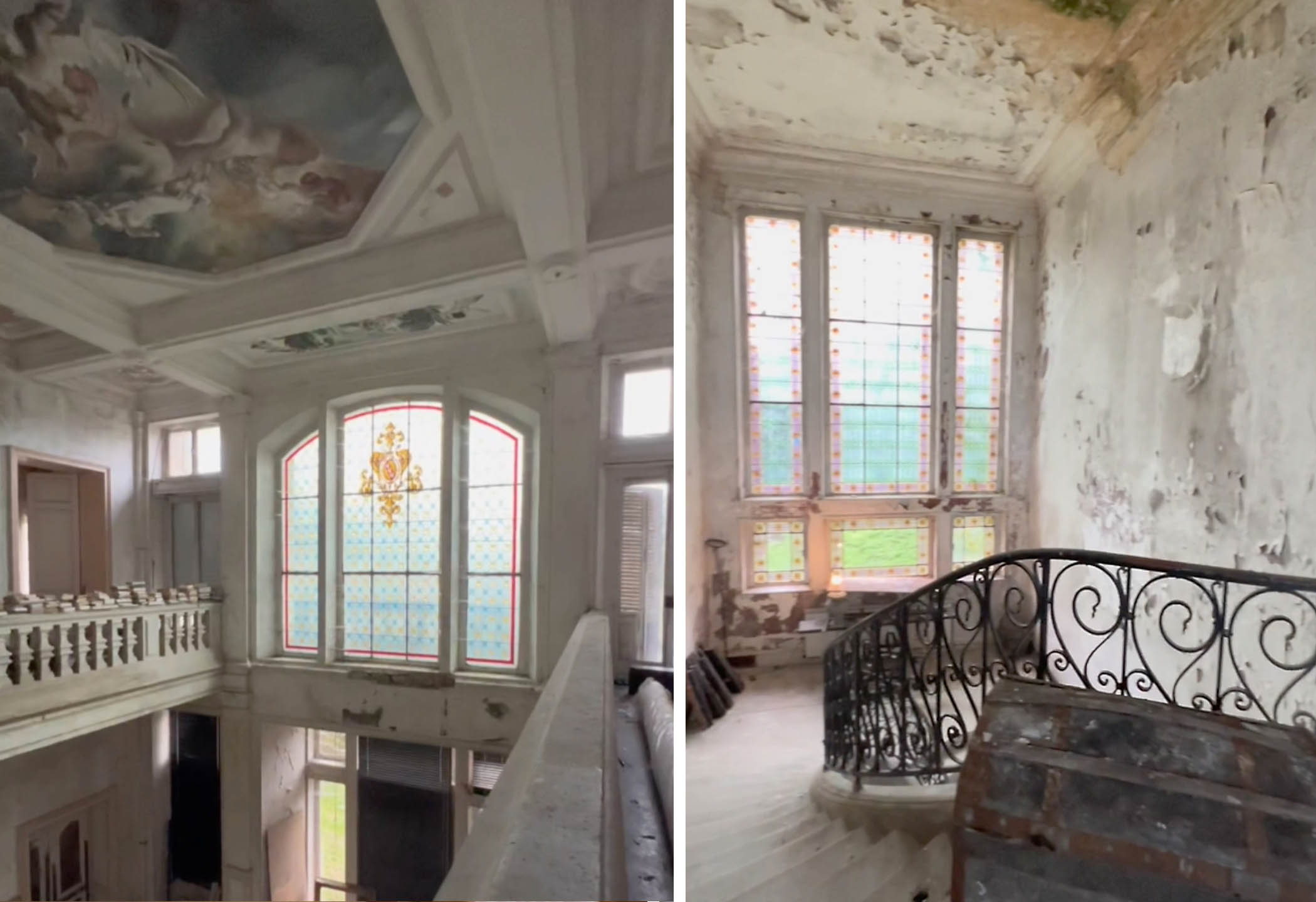 A high ceiling decorated with frescos soars above a banister and stairway in an abandoned mansion in rural France. 