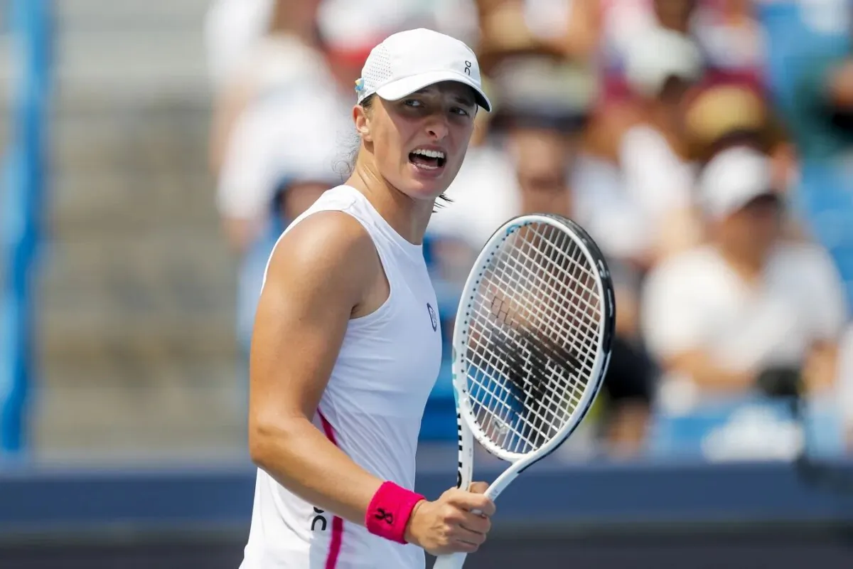 Iga Swiatek (Poland) reacts after a point against Coco Gauff (USA) during the Western and Southern Open tennis tournament at Lindner Family Tennis Center in Mason, Ohio, on Aug. 19, 2023. (Katie Stratman/USA TODAY Sports via Field Level Media)