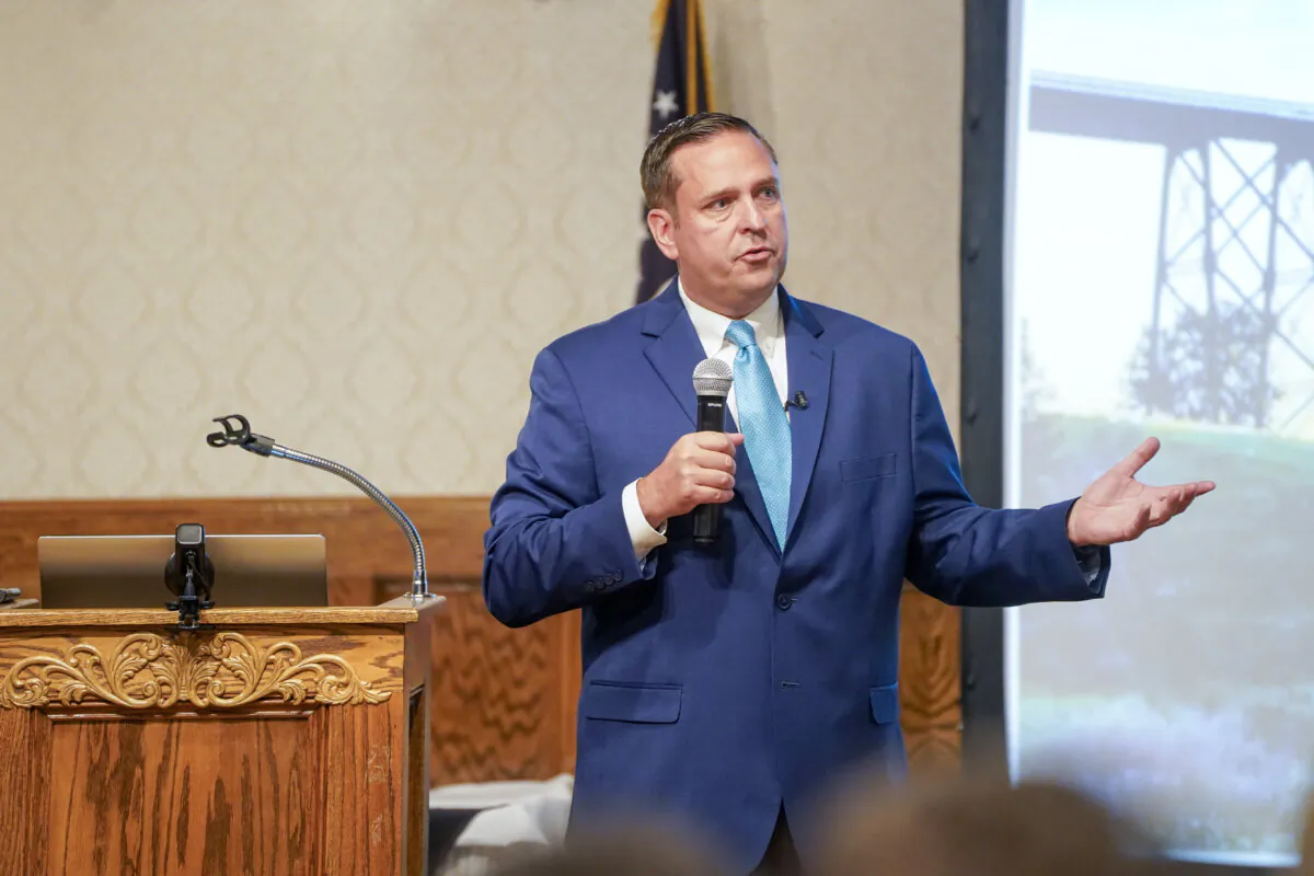 Orange County Executive Steve Neuhaus presents the 2024 budget at the Erie Hotel and Restaurant in Port Jervis, N.Y., on Sept. 26, 2023. (Cara Ding/The Epoch Times)