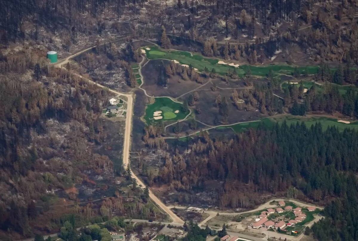 Trees and ground burned by the Bush Creek East Wildfire are seen at Talking Rock Golf Course in Squilax, B.C., on Sept. 11, 2023. (The Canadian Press/Darryl Dyck)