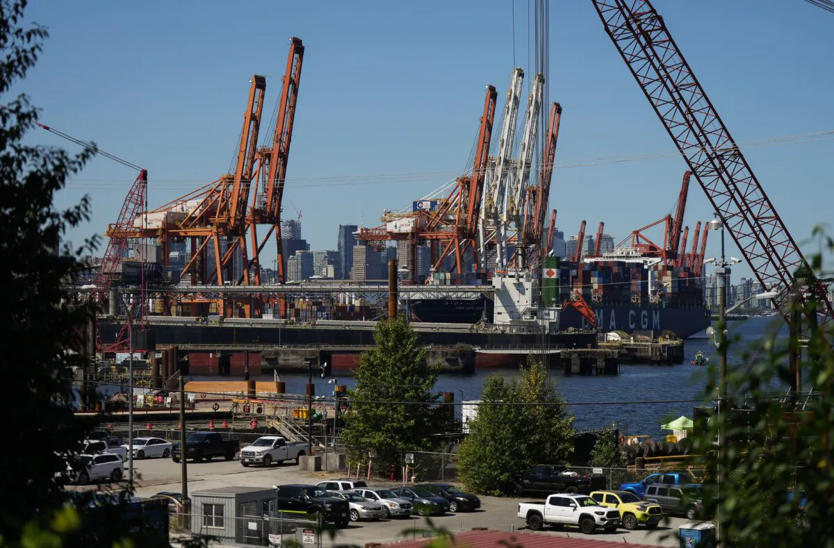Gantry cranes sit idle as a container ship is docked at port during a work stoppage, in Vancouver, on July 19, 2023. (The Canadian Press/Darryl Dyck)