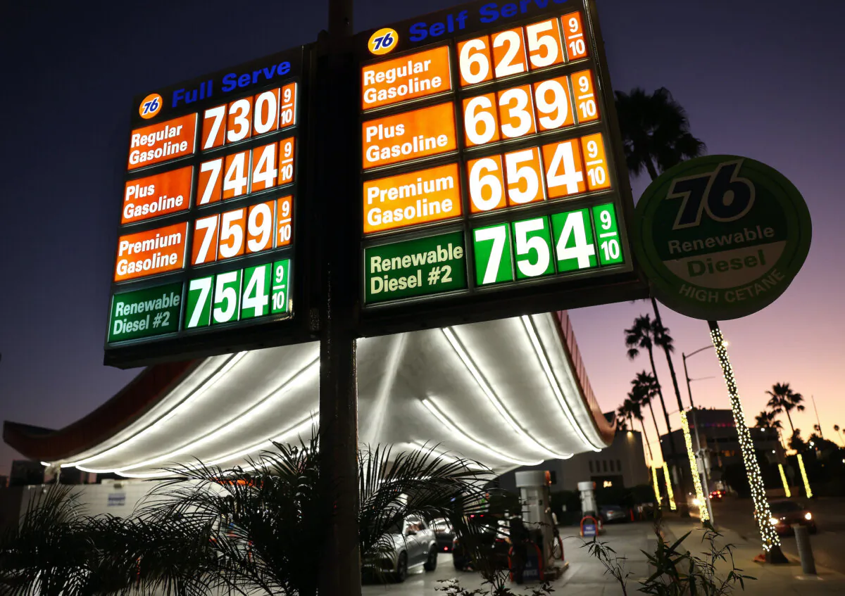 Gasoline prices for full serve and self serve are displayed at the Union 76 gas station in Beverly Hills, Calif., on Aug. 28, 2023. (Mario Tama/Getty Images)