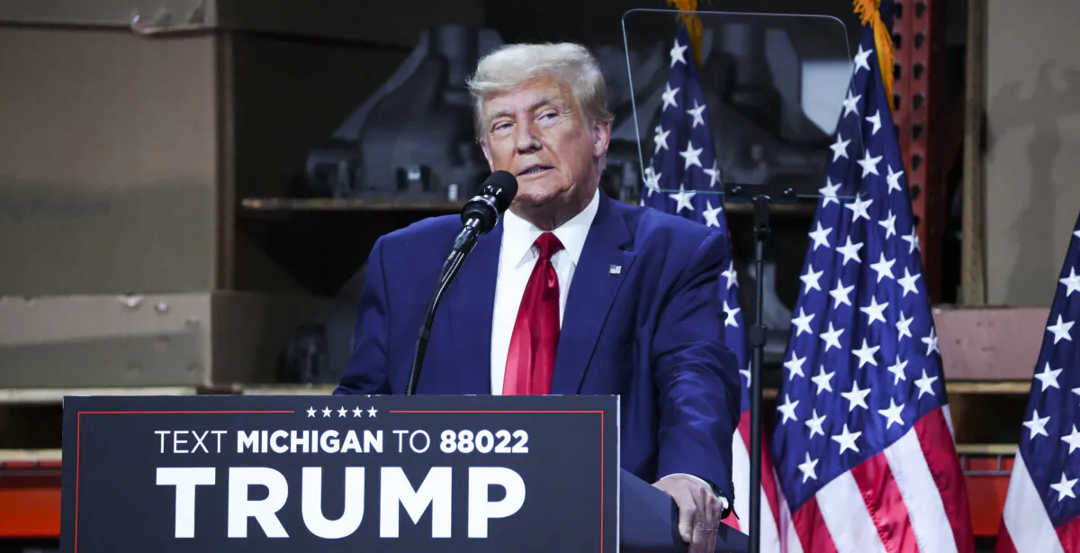 Former President Donald Trump speaking in Clinton Township, Mich., on Sept. 27, 2023, is one of two Republican presidential candidates who denies climate change is real. (Madalina Vasiliu/The Epoch Times)