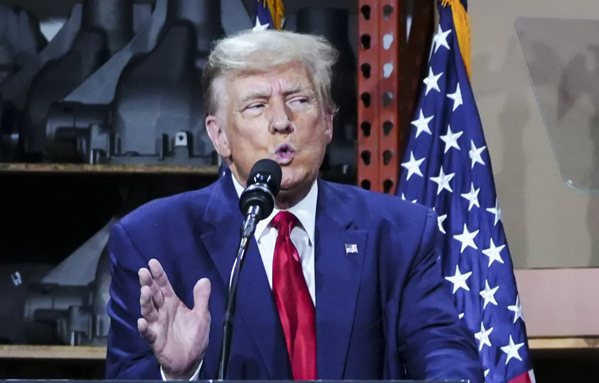 Former President Donald Trump speaks at an event in Clinton Township, Mich., on Sept. 27, 2023. (Madalina Vasiliu/The Epoch Times)