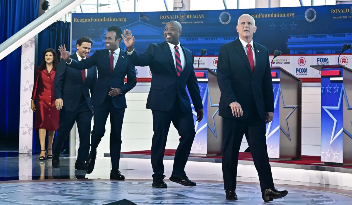 The GOP candidates for president who qualified for the 2nd debate take the stage at the Ronald Reagan Presidential Library in Simi Valley, Calif. on Sept. 27, 2023. (FREDERIC J. BROWN/AFP via Getty Images)