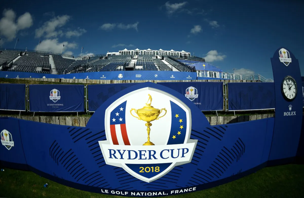 The Ryder Cup Logo at Golf National in Guyancourt, France, on Sept. 19, 2018,.       (Franck Fife/AFP via Getty Images)