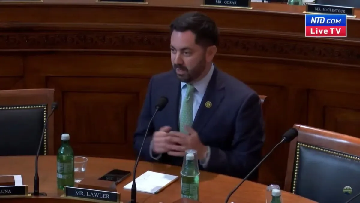 Rep. Mike Lawler (R-N.Y.) calls out Democrat House and Senate leaders over the immigration crisis and heavy influx into "sanctuary cities" during a Sept. 27, 2023, House Natural Resources Committee Hearing on President Joe Biden’s use of National Parks for Migrants. (Screenshot via NTD)