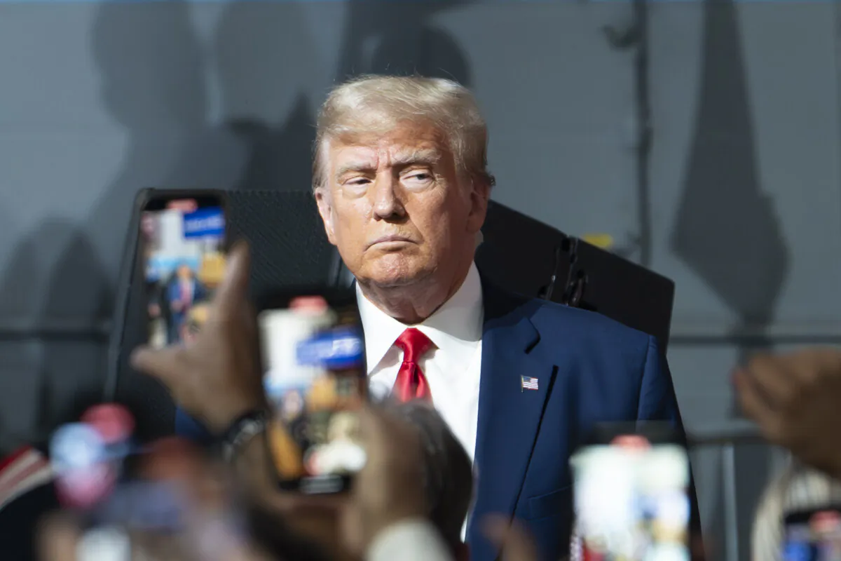 Former President Donald Trump speaks at a campaign rally event in Clinton Township, Mich., on Sept. 27, 2023. (Madalina Vasiliu/The Epoch Times)