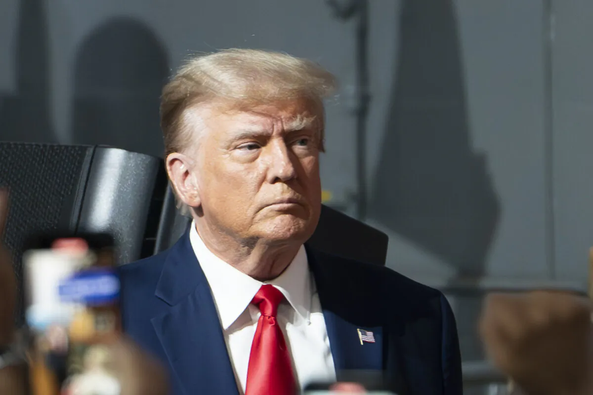 Former President Donald Trump speaks at a campaign rally event in Clinton Township, Mich., on Sept. 27, 2023. (Madalina Vasiliu/The Epoch Times)