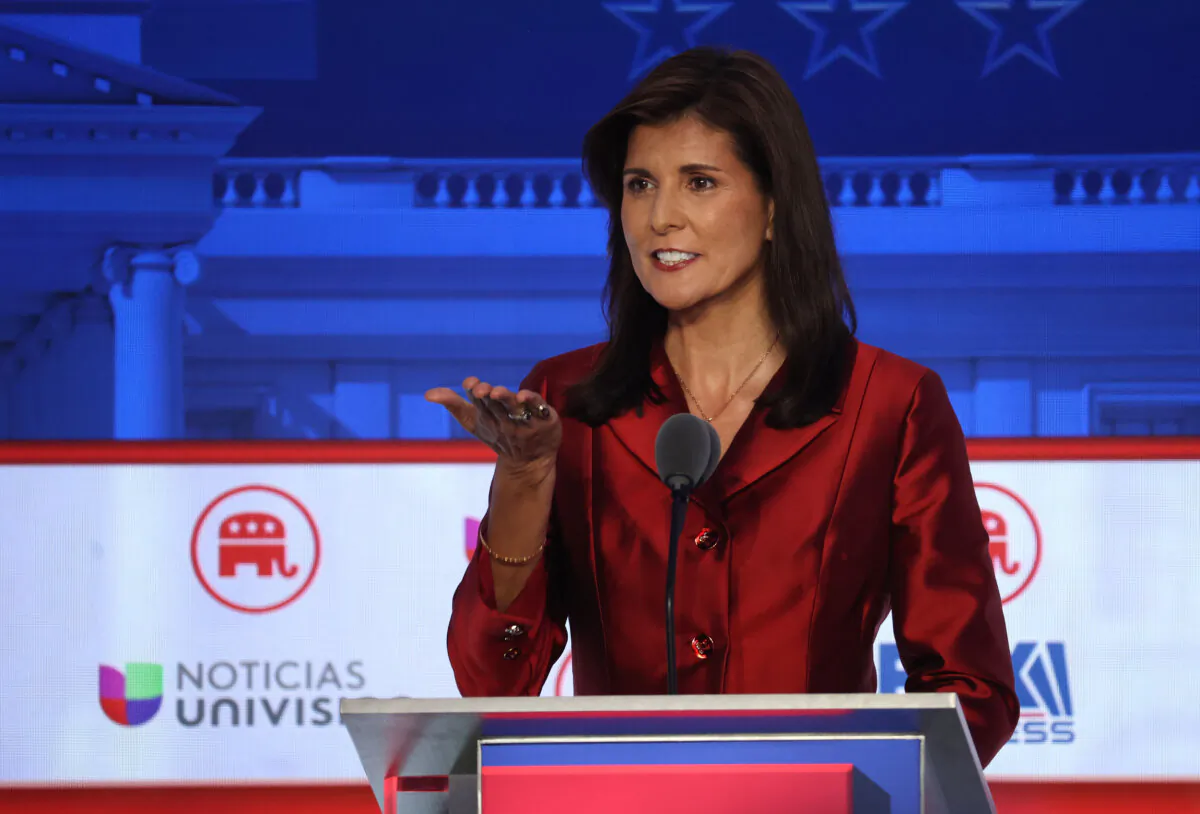 Republican presidential candidate and former U.N. Ambassador Nikki Haley delivers remarks during the FOX Business Republican Primary Debate at the Ronald Reagan Presidential Library in Simi Valley, Calif., on Sept. 27, 2023. (Justin Sullivan/Getty Images)