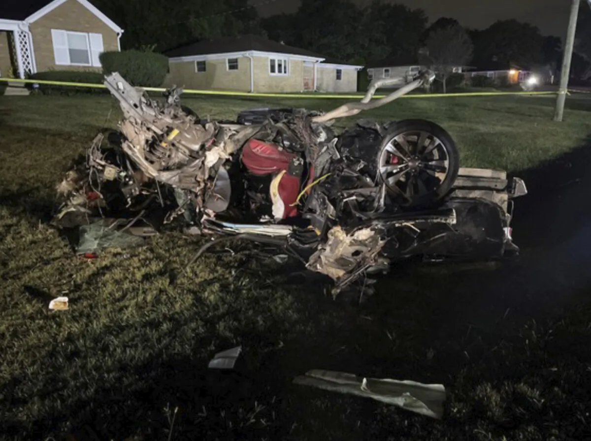 A vehicle that was heavily damaged in a crash that killed three people, in Indianapolis, on Sept. 26, 2023. (Indiana State Police via AP)