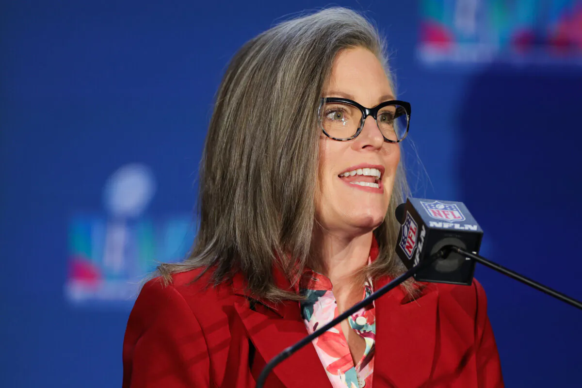 Arizona Gov. Katie Hobbs speaks during the Super Bowl LVII Host Committee Handoff Press Conference at Phoenix Convention Center in Phoenix, Ariz., on Feb. 13, 2023. (Carmen Mandato/Getty Images)