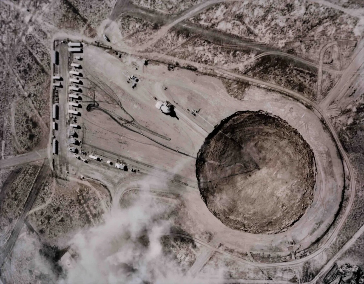 An aerial view of the subsidence crater formed by the Huron King underground nuclear test in Nevada on June 24, 1980. (FPG/Archive Photos/Getty Images)