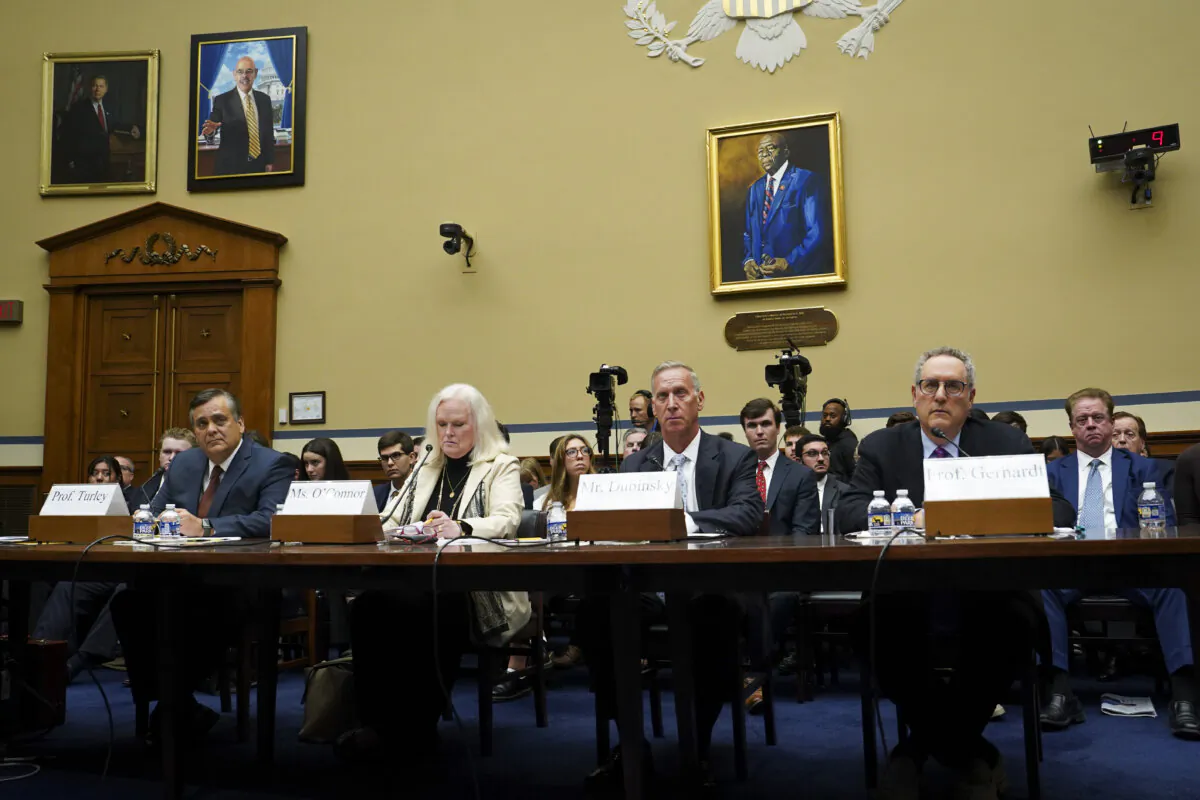 (L-R) Jonathan Turley, George Washington University Law School Shapiro Professor of Public Interest Law, Eileen O’Connor, DOJ Former Assistant Attorney General, Bruce Dubinsky, Founder of Dubinsky Consulting, and Michael Gerhardt, Professor of Jurisprudence at University of North Carolina at Chapel Hill, testify before the Committee on Oversight and Accountability in Washington, on Sept. 28, 2023. (Madalina Vasiliu/The Epoch Times)
