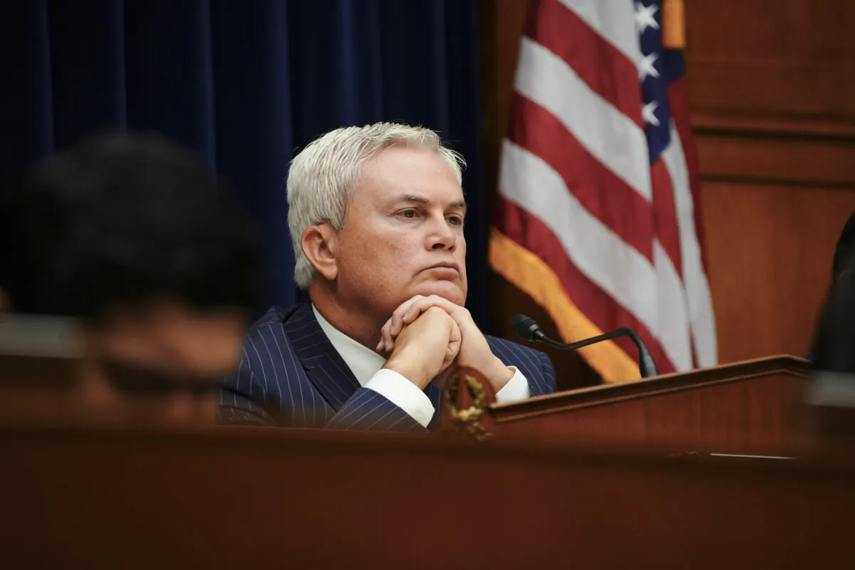 Rep. James Comer (R-Ky.), Chairman of the House Oversight Committee, listens during a hearing for an impeachment inquiry into U.S. President Joe Biden in Washington on Sept. 28, 2023. (Madalina Vasiliu/The Epoch Times)