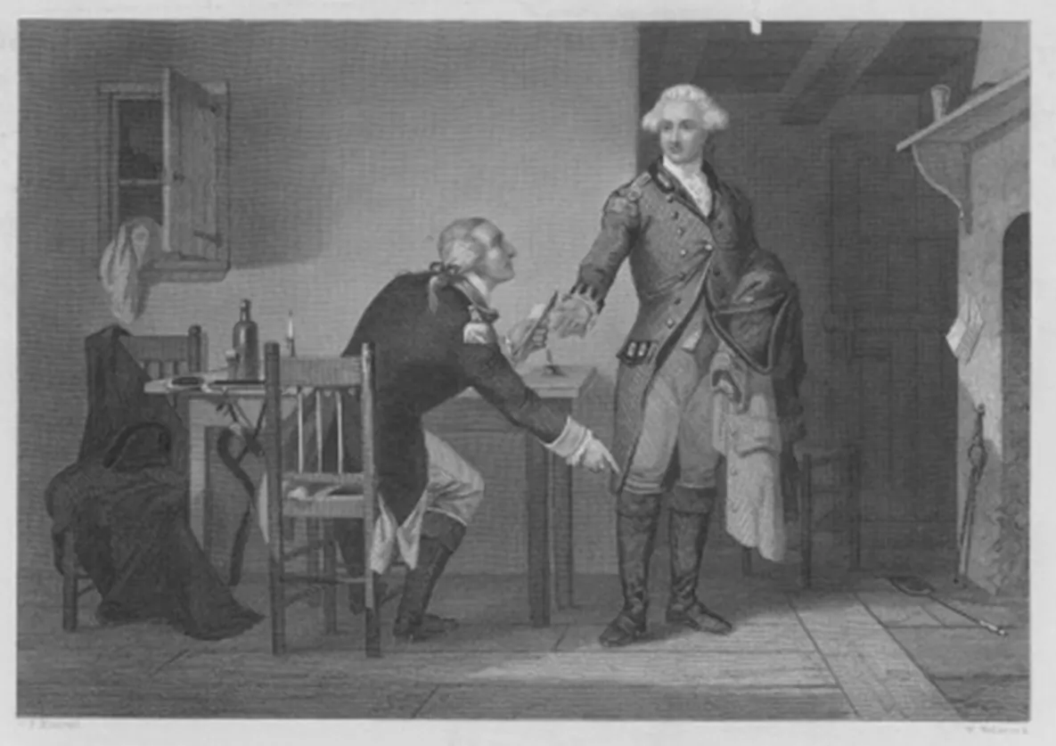 Engraving depicting the treason of Benedict Arnold for changing sides during the American Revolutionary War, where Arnold persuades André to conceal the papers in his boot, 1779. (Archive Photos/Getty Images)