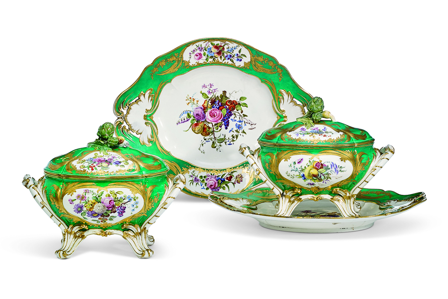 A Pair of Sèvres Porcelain Green-Ground Oval Tureens, Covers and Stands (Terrines et Plateaux)