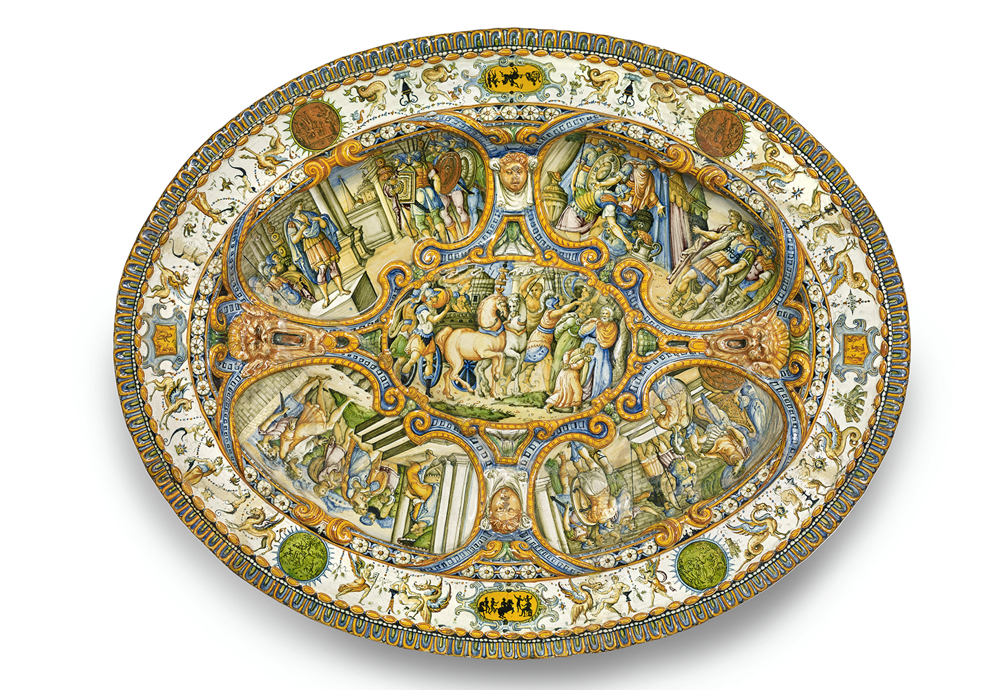 “A Monumental Italian Maiolica Armorial Istoriato Oval Dish” 