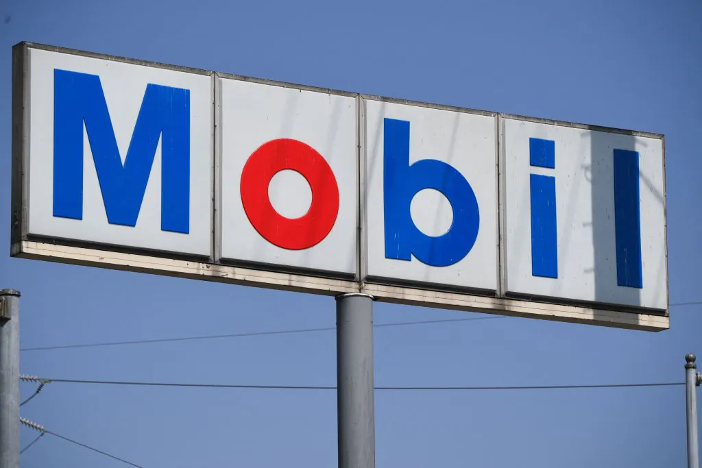 The Mobil logo is displayed at a gas station in Los Angeles on April 28, 2022. (Patrick T. Fallon/AFP via Getty Images)