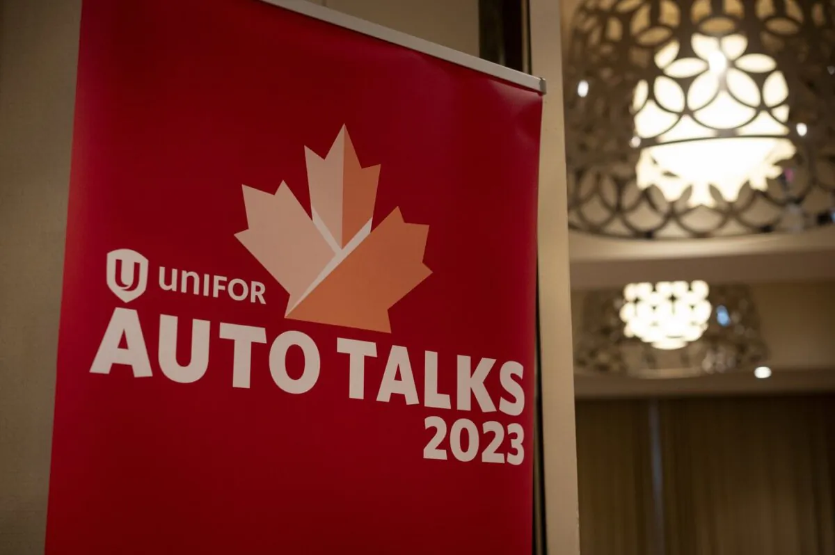 Signage for Unifor’s auto talks is shown in Toronto on Aug. 10, 2023. (The Canadian Press/Tijana Martin)