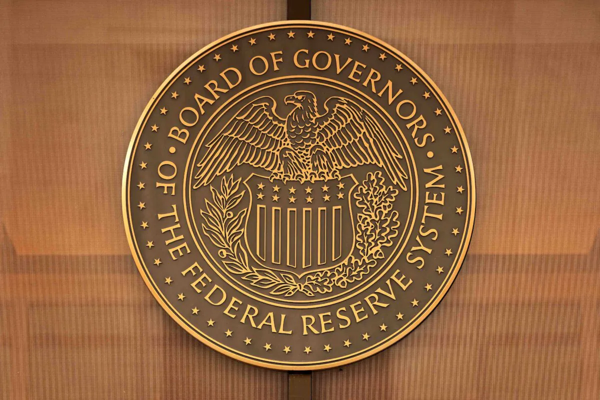 The seal of the Federal Reserve Board as it appears outside the Fed's William McChesney Martin Jr. Building in Washington on March 13, 2023. (Alex Wong/Getty Images)