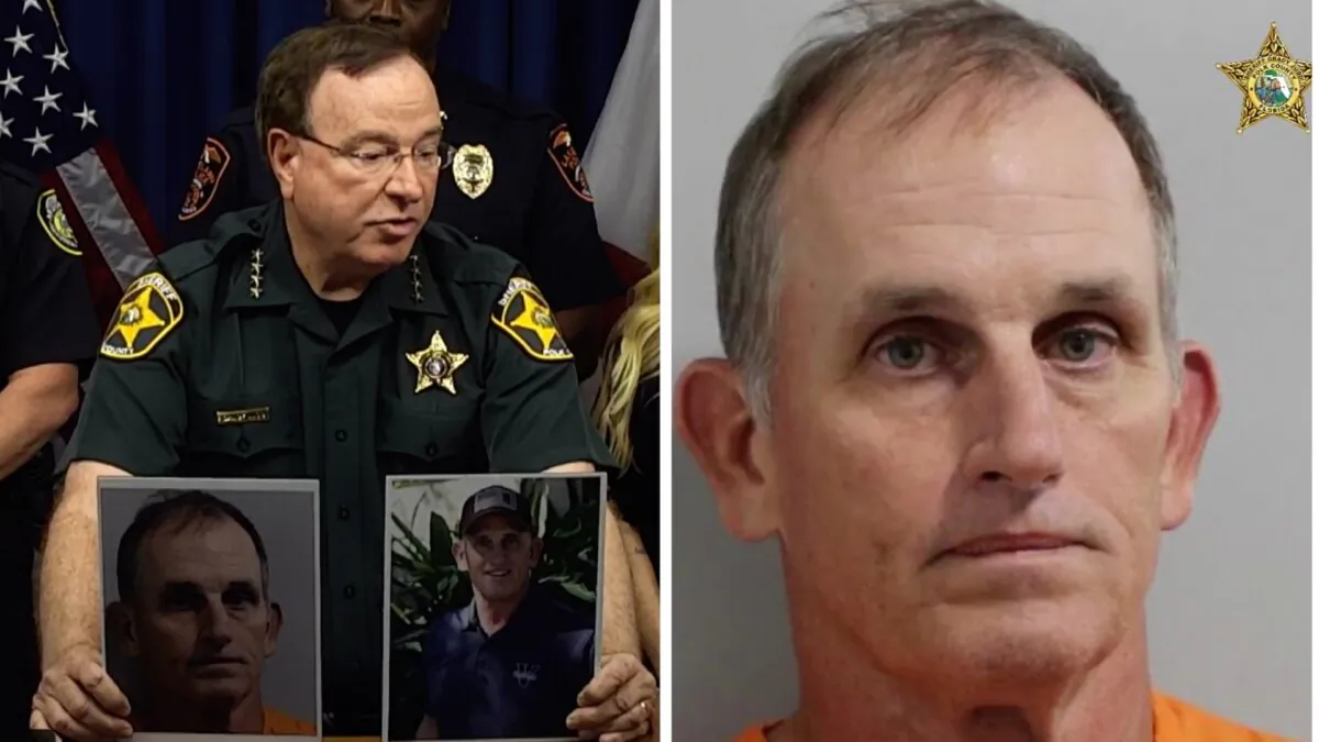 Polk County Sheriff Grady Judd (left) along with a mugshot of athletics coach and high school teacher Russell Rogers (right). (Courtesy of Polk County Sheriff's Office)