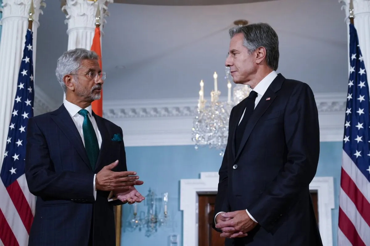 Secretary of State Antony Blinken speaks with Indian External Affairs Minister Subrahmanyam Jaishankar, at the State Department in Washington on Sept. 28, 2023. (The Canadian Press/AP-Stephanie Scarbrough)