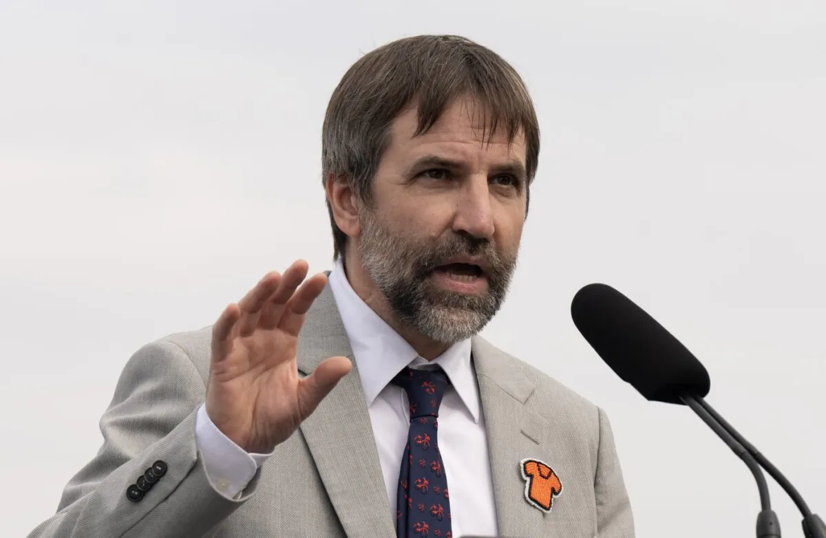Minister of Environment and Climate Change Steven Guilbeault speaks at an event on the Ottawa river, in Ottawa, on Sept. 29, 2023. (The Canadian Press/Adrian Wyld)