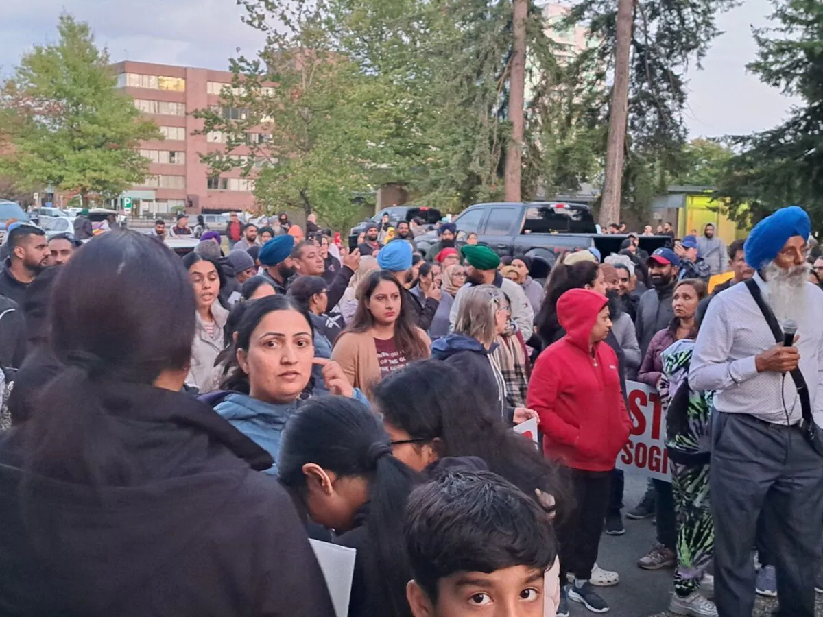 People gather for a protest against the SOGI (Sexual Orientation and Gender Identity) curriculum in schools, in Abbotsford, B.C., on Sept. 28, 2023. (Jeff Sandes/The Epoch Times)