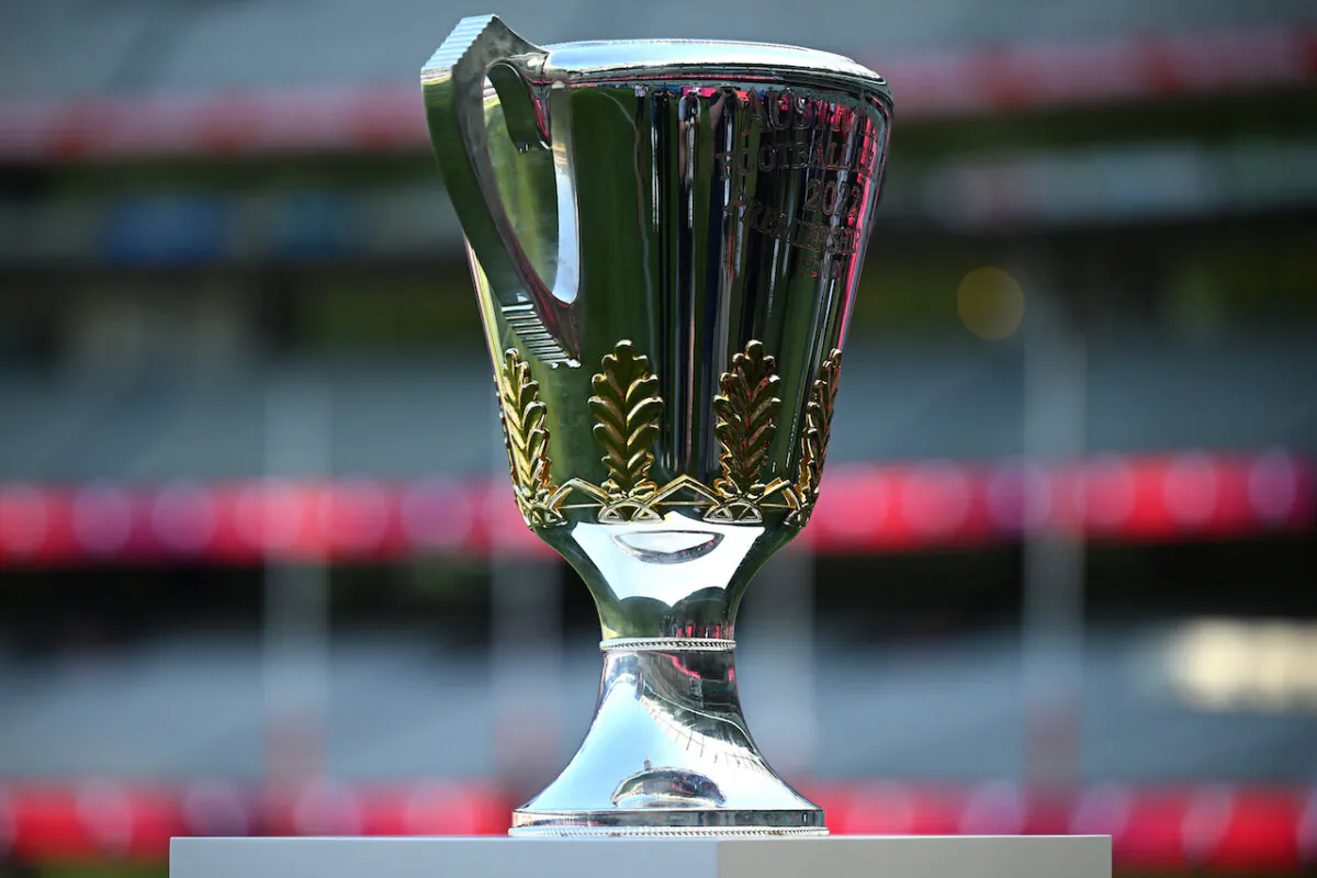 The AFL Premiership Cup is seen during a 2022 AFL Grand Final pre-match and half-time entertainment media call at the MCG, in Melbourne, Sept. 22, 2022. (AAP Image/James Ross)