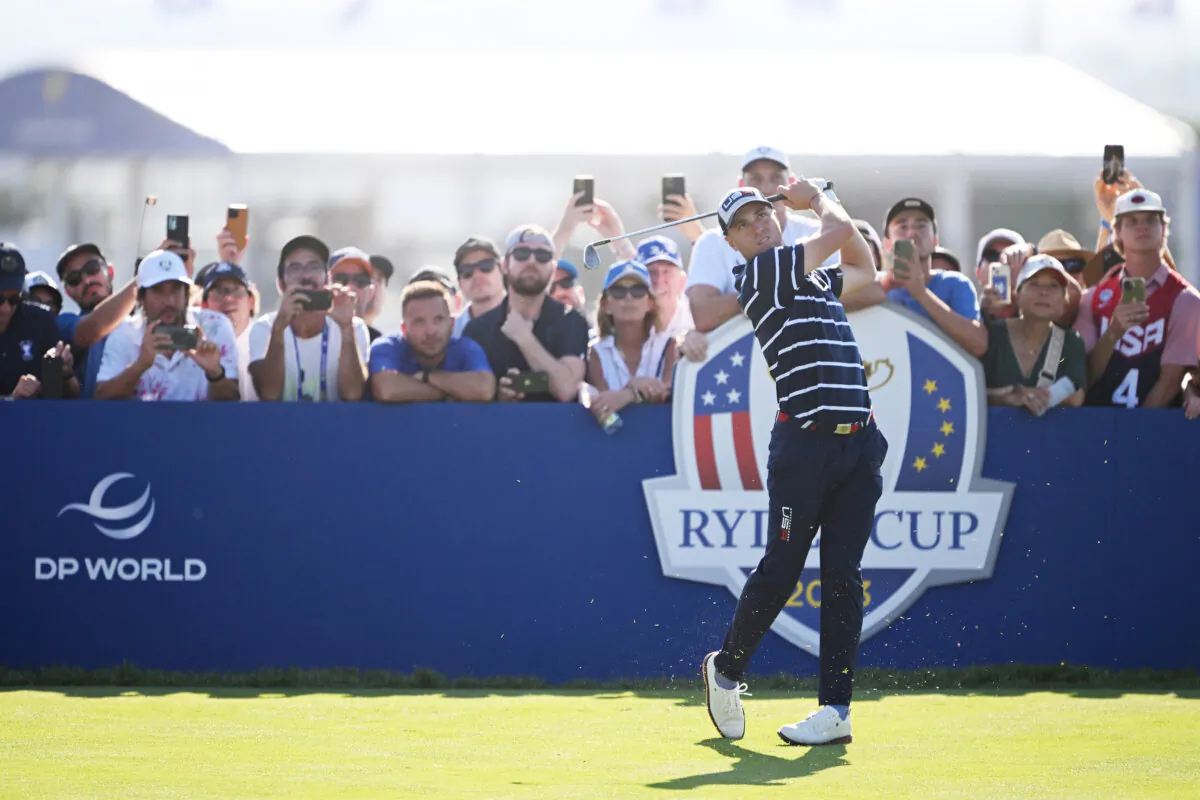 Justin Thomas of Team United States tees off on the 13th hole during the Friday afternoon fourball matches of the 2023 Ryder Cup at Marco Simone Golf Club in Rome, Italy, on Sept. 29, 2023. (Ross Kinnaird/Getty Images)