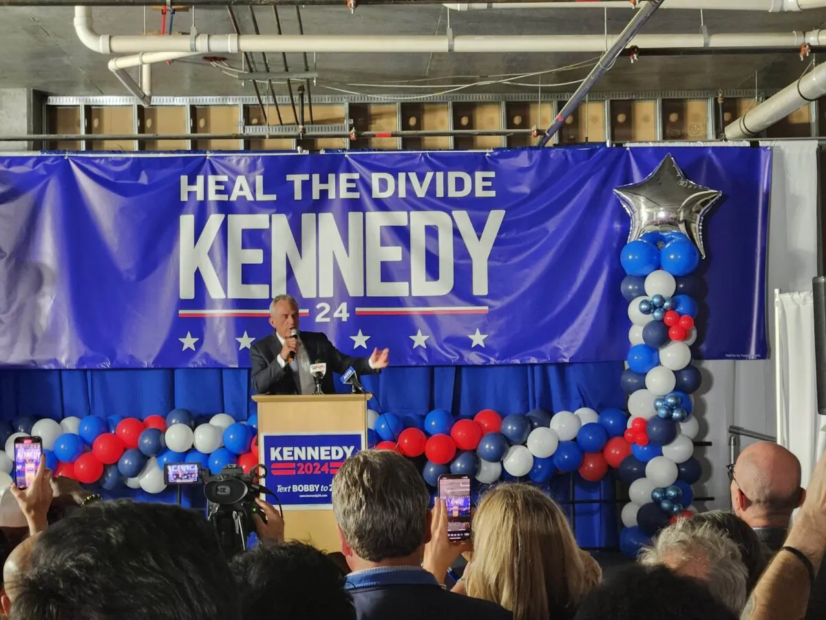 Robert F. Kennedy Jr. speaks to supporters at the opening of his New Jersey office in Elizabeth on Sept. 28, 2023. (Jeff Louderback/The Epoch Times)