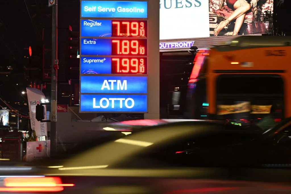 Gas prices are seen at a gas station in Los Angeles on Sept. 28, 2023. (Robyn Beck/AFP via Getty Images)