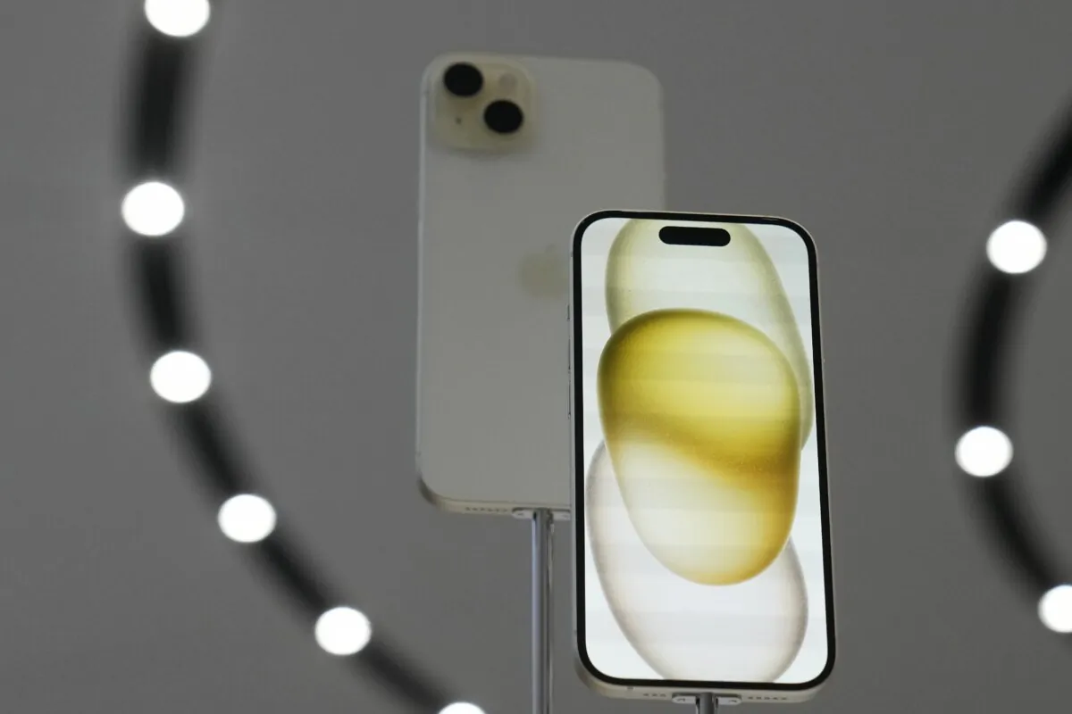 The iPhone 15 phones during an announcement of new products on the Apple campus in Cupertino, Calif., on Sept. 12, 2023. (Jeff Chiu/AP Photo)