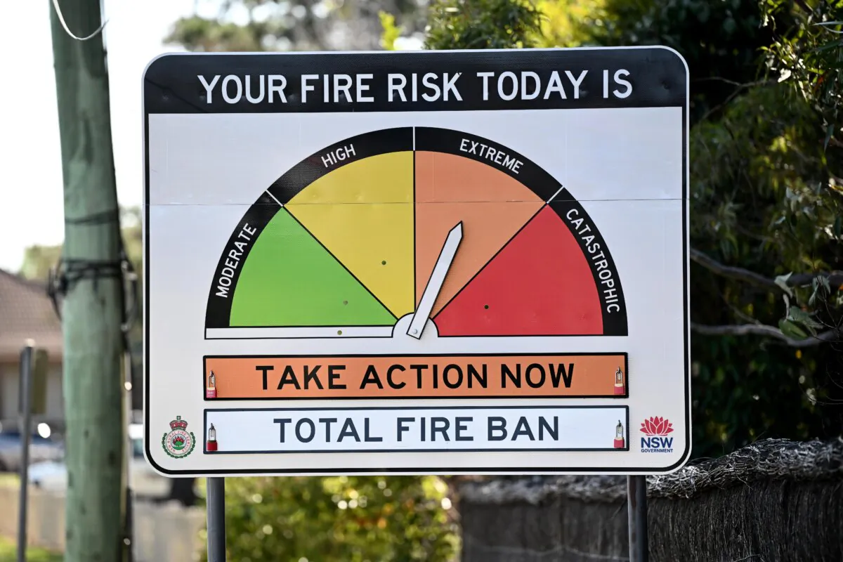 A bushfire danger advisory sign shows extreme fire risk and a total fire ban, at Dural north west of Sydney, Australia, on Sept. 20, 2023. (AAP Image/Dan Himbrechts)