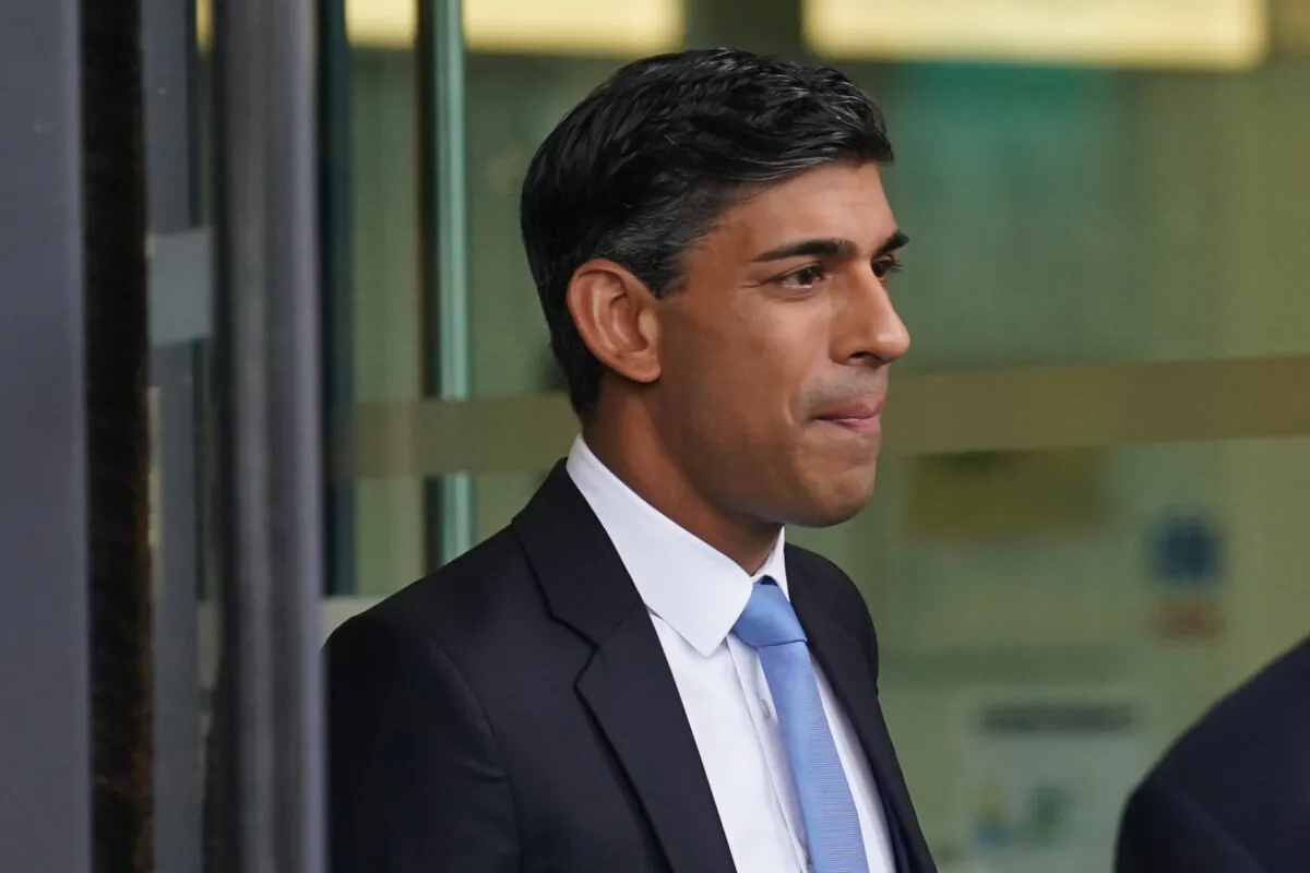 Prime Minister Rishi Sunak leaves Media City in Salford, Manchester, England, on Oct. 1, 2023. (Stefan Rousseau/PA)