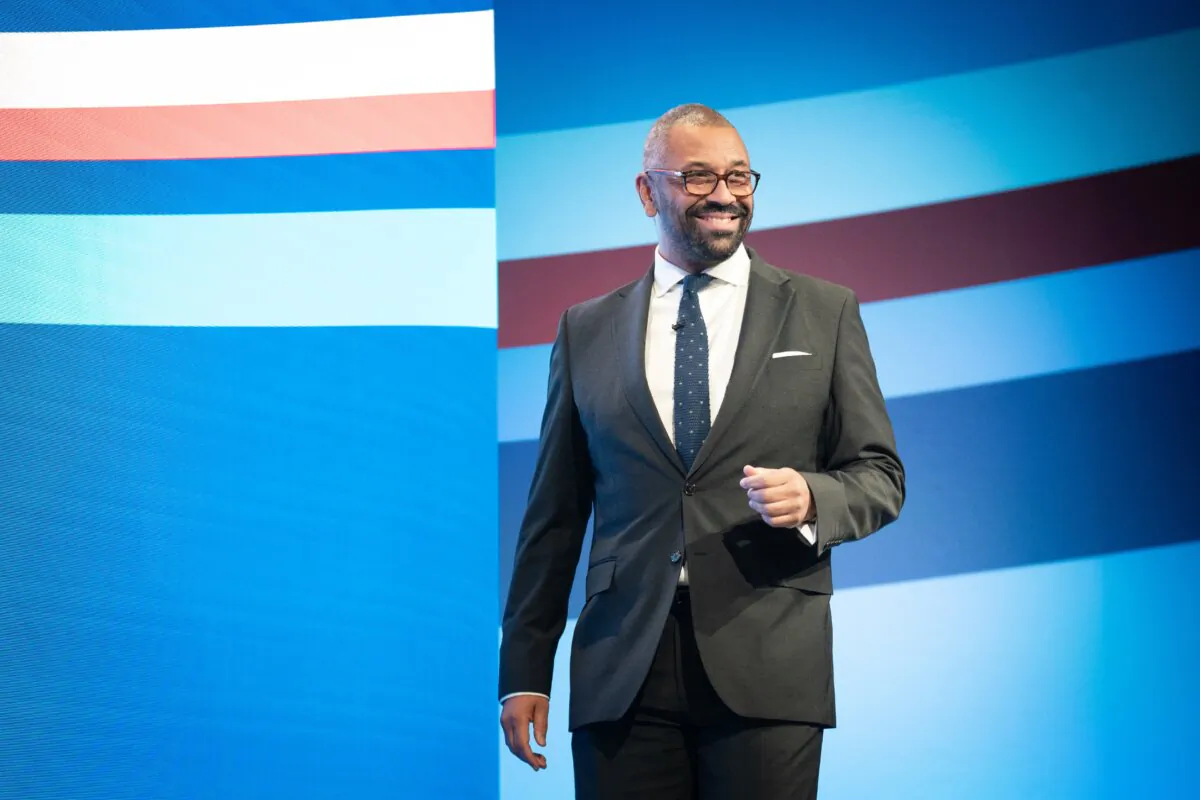 Foreign Secretary James Cleverly addressing the Conservative Party annual conference at Manchester Central Convention Complex in England on Oct. 1, 2023. (Stefan Rousseau/PA)
