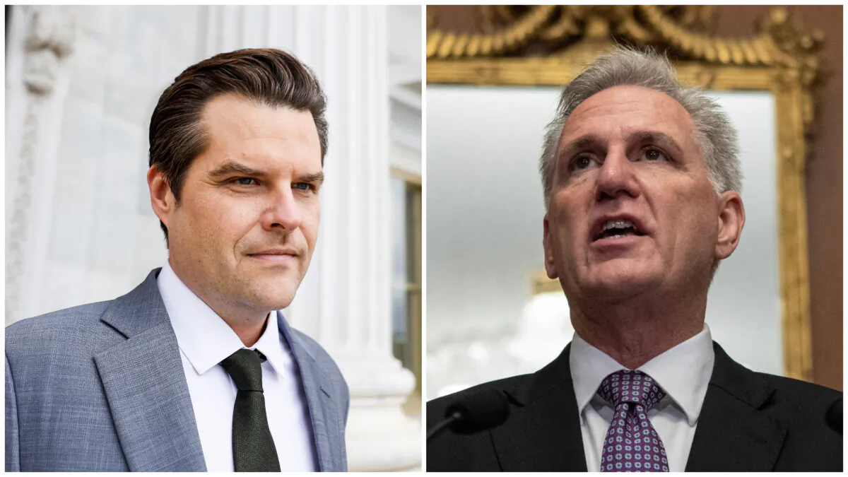(Left) Rep. Matt Gaetz (R-Fla.) departs from the U.S. Capitol Building in Washington on Sept. 29, 2023. (Anna Moneymaker/Getty Images); (Right) Speaker of the House Kevin McCarthy (R-Calif.) speaks at a press conference on Border Security in the Rayburn Room at the U.S. Capitol in Washington on Sept. 29, 2023. (Andrew Caballero-Reynolds/AFP via Getty Images)